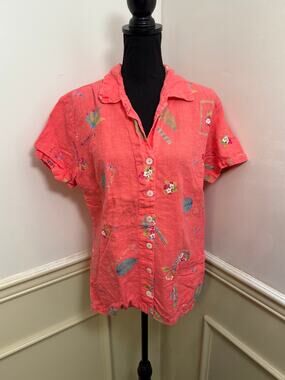 Stamp 10 Vintage Linen Short Sleeve Blouse Coral Pink Floral Pattern Boho Summer